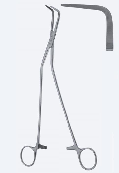 Зажими, хірургічні, "Mc Dougal", для простати, праві, вигнуті, з кремальєрою, загальна довжина 260 мм, 10 1/4". Бренд - Asanus Medizintechnik Gmb, Німеччина